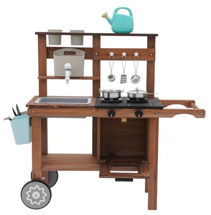Cuisine de jeu d'extérieur pour enfants – 80 × 30 × 81 cm, cuisine de jeu de jardin avec robinet courant, cuisinière rotative, étagères suspendues et 2 pots de fleurs, 2 roues, expérience de cuisine