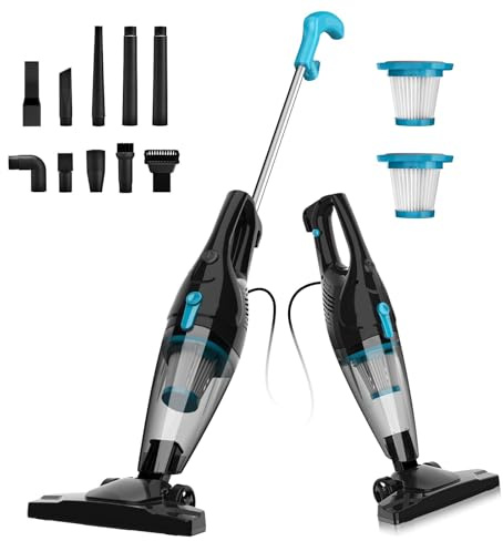 kozamas Aspirapolvere 2 in 1 con potenza di aspirazione 16 kPa, aspirapolvere a stelo e aspirapolvere senza fili, per peli di animali domestici, cavo da 6 m, 12 accessori, senza sacchetto, leggero per