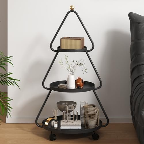 3-Tier Christmas Tree-Shaped Side Table, Creative End Table with Wheels, Rolling Cart with Storage, for Home, Office(Black)