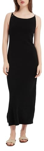 Manote 100% Merino Wool Women’s Casual Sleeveless Boat Neck Spaghetti Strap Bodycon Maxi Dress Black Long Dresses (US, Alpha, Medium, Regular, Regular, Black)