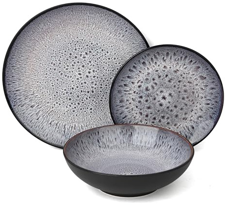 Waterside 12pc Blue Purple Reactive Glaze Stoneware Dinnerware Set, 4 Dinner Plates, Side Plates and Bowls