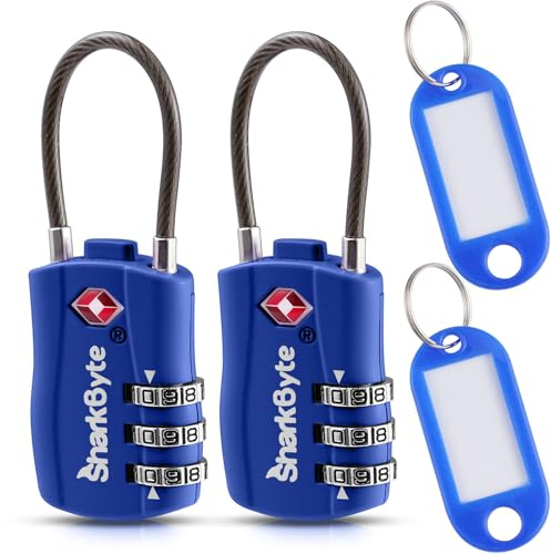 SharkByte Slim TSA-godkända bagagelås, 3-urtavla säkerhetskombination hänglås med etiketter, flexibel kabeltråd reselås, resväska, gymskåp, litet hänglås med kod (2-pack)