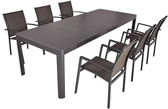 DELUKE Garten-Sitzgruppe Eva 7-TLG. - Kunststoff, Dunkelgrau | Gartenmöbel-Set Gartengarnitur Garten-Essgruppe mit Stapelstühlen und Esstisch