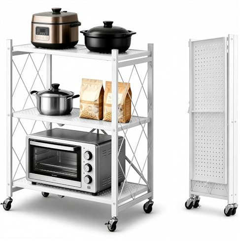 SlateSoul Klappregal mit Rädern, Regal mit Rollen, Metallregal, Montagefrei & Stabil, Tragkraft bis 150 kg, Für Küche, Wohnzimmer, Keller und Garage (Weiß, 3 Etagen)