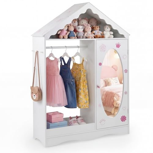 RELAX4LIFE Kinder Kleiderschrank, Kindergarderobe mit Spiegel, Kinderschrank in Hausform mit Kleiderstange, Ablagefächer & Haken, Kleiderständer für Kinderzimmer, für Mädchen ab 3 Jahren (Weiß)