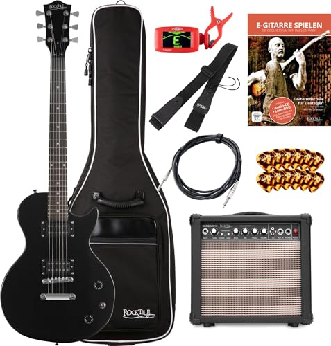 Rocktile L-100 BL Chitarra Elettrica Nera Starter Set - Modello Single Cut - Corpo: Tiglio - 2x Humbucker Pickup - incluso Amplificatore, Gigbag, Cavo, Plettro, Tracolla e Scuola - Nero
