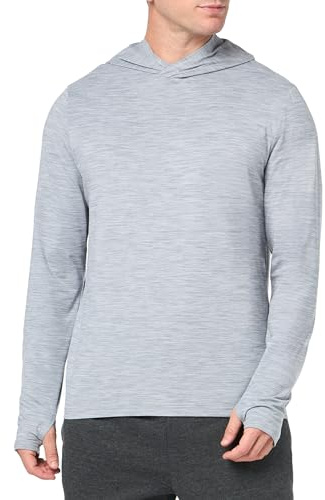 Amazon Essentials Heren Tech stretchig långärmad T-shirt med huva, Ljusgrå Rymdfärg, M