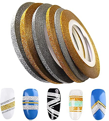 CHANGAR 6 Rollen Glitzer-Gold-Silber-Nagelkunst-Abisolierband, glänzend, matt, Nagelkunst-Dekorationsstreifen, selbstklebende Abziehbilder, Streifen, DIY-Nagelspitze