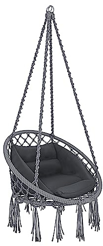 BRICOZONE Poltrona Sospesa Pensile Da Giardino Con Corda In Cotone Effetto Macramè Cuscino Sedia Dondolo Amaca Con Seduta Imbottita Esterno Terrazzo Design Moderno Fino A 160 Kg (Grigio)