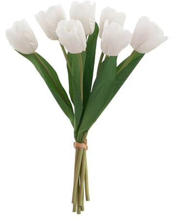 Luojuny Vielseitige Tulpendekorationen, 7 Stück, simulierte Tulpen, realistisch, schön, künstlicher Blumenstrauß für Zuhause, Hochzeit, Party, Dekoration, künstlicher Tulpenstrauß, weiß