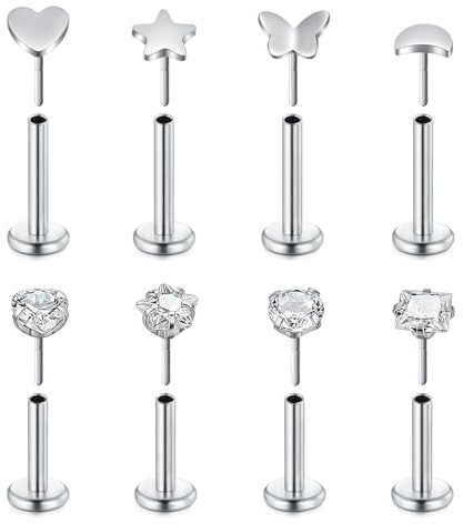 AVYRING Flachrückige Tragus-Piercings, 16G 6mm 8mm Silber Chirurgenstahl Lippenpiercing Set mit Stern, Schmetterling, Mond, Herz CZ Knorpel Labret Helix Piercing Schmuck