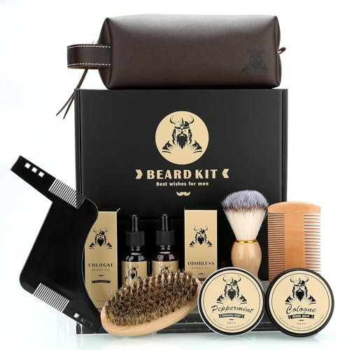 EXREIZSTBartpflege Set für männer, Bartpflege Set,mit 2 Bartöl BartbalsamBartkammBartbürsteBartschablonenReisetaschegeeignet fürGeburtstagsgeschenke für Männer Ihn Vater Ehemann Bruder Freund