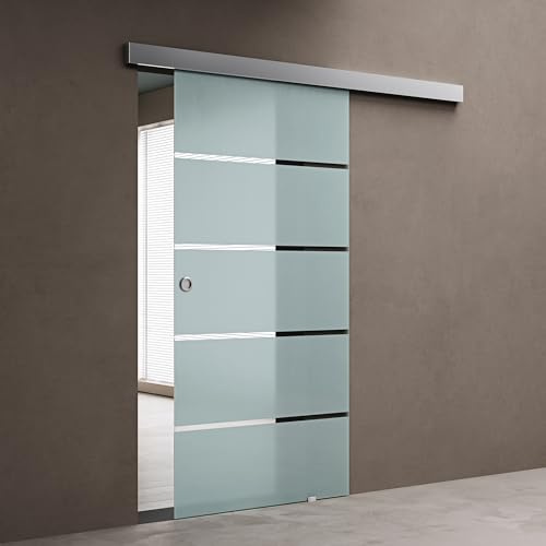 doporro Glasschiebetür Komplettset 102,5x205cm ESG-Glas Milchglas-Streifen | Schiebetür mit Muschelgriff | 15mm Wandabstand | Edelstahl Türgriff | Aluminium Abdeckblende | Amalfi-plus 11