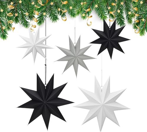 HPiano 5 Piezas Estrellas Navidad Papel,Papel de Estrellas para Navidad,Estrellas de Papel Navideñas,Pantalla de Estrella de Papel de Estrella,3 pezzi Diametro 30 cm + 2 pezzi Diametro 40 cm