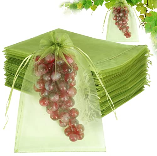 HRX Package 50Pcs Reusable Fruit Protection Bags, 20x30cm Grape Netting Bags with Drawstring Plant Protect Bag Garden Fruit, Nylon Anti-mosquito （Olive Green）