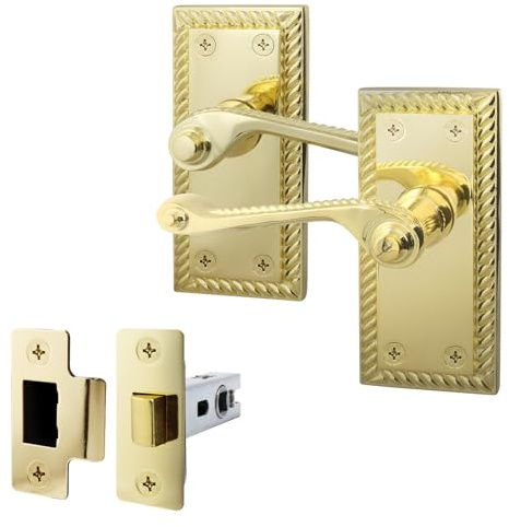 EAI Polished Brass Door Handles with Latch 64mm - Rope Scroll