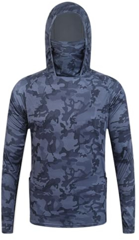 Générique T Shirt Anti UV Homme Capuche UPF50+ Chemise de pêche à Manches Longues Sweat à Capuche Protection Solaire Tee Shirt Anti-UV Respirant à Séchage Rapide (Masque Intégré)