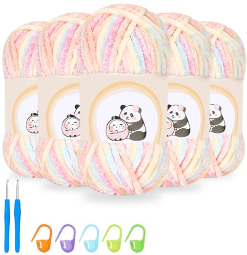 5 Roll Chenille Wolle zum Häkeln, 5x100g Dicke Samtig Chenillegarn | Flauschige Weiche Garn, Soft Chunky Yarn zum Stricken Flauschgarn für DIY Decken Schals Amigurumi Kissen (Bunt)