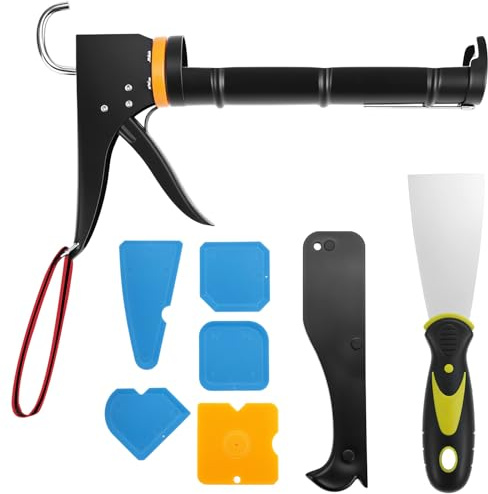 QWORK® Kit de pistola de calafateo profesional, espátula, 6 alisadores de juntas de silicona para eliminar el sellador, trabajos de azulejos sin juntas