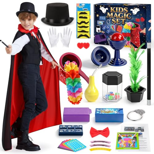 BuzzoXerex Zauberkasten Zaubertricks, Zauberer Kostüm Kinder, Zauberkasten Kinder ab 6 mit Zauberhut, Zauberumhang, Fliege und Zauberrequisiten, Kindergeschenk für Jungen und Mädchen für Karneval
