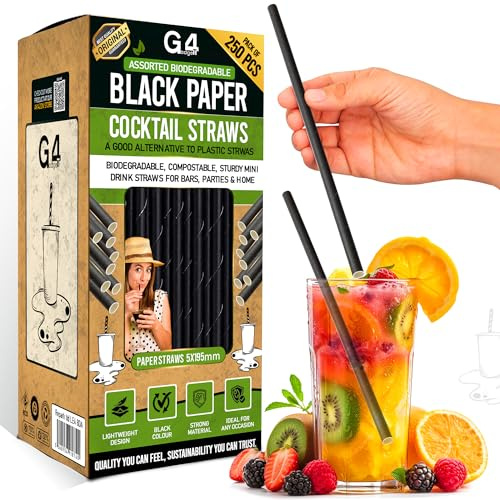 G4GADGET Black Paper Straws 250 Pack – Biodegradable 8 Drinking Straws | Eco-Friendly, Compostable, Durable Paper Straw for Parties, Cocktails, Smoothies & Everyday Use