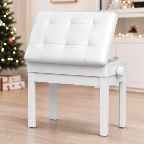 MAMIZO Pianopall justerbar höjd, pianopall med förvaringsutrymme, pianobänk 58 x 35 x 48 – 58 cm, pianobänk med PU läderkudde, pianopall kan belastas upp till 150 kg, pianopall 4 st, vit
