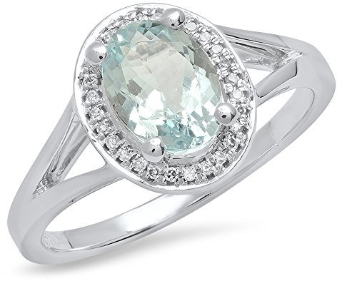 Verlobungsring aus 14-karätigem Weißgold, 8 x 6 mm, ovaler Edelstein und runder weißer Diamant, Halo-Brautschmuck, Verlobungsring, Diamant, Aquamarin, Gold, Aquamarin
