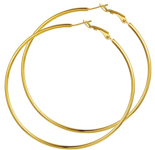 GoldChic Créole Plaqué Or Femme 70mm, Grande Créoles Acier Inoxydable Doré pour Femme, Women's Gold Plated Ear Hoops