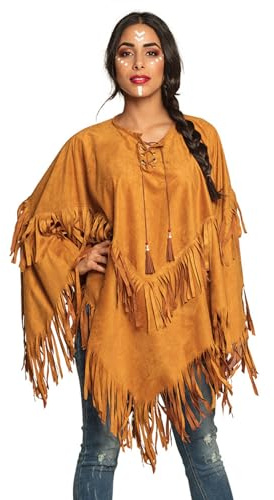 Boland 44095 - Poncho Indianerin, braun, Einheitsgröße für Erwachsene, Umhang in Lederoptik mit Fransen und Perlen, Häuptling, Cowboy, Squaw, Karneval, Fasching, Fastnacht, Halloween, Mottoparty