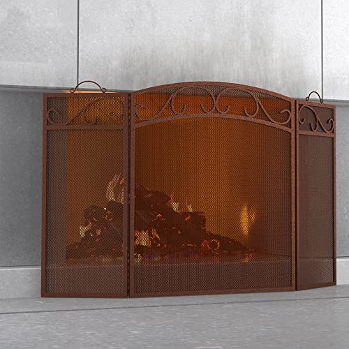 Fire Beauty Fireplace Screen 3 Panel with Handles Wrought Iron 51(L) x31(H) Spark Guard Cover(Antique Bronze)