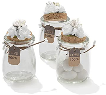 C.X.Y. Lot de 20 bonbonnières en verre avec bouchon liège – fleurs faites main, étiquette LOVE – dragées mariage, baptême – blanc
