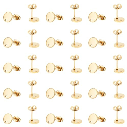 UNICRAFTALE - 40 Pieza de Aretes Dorados Pendientes Planos Redondos con Tuercas de Oreja Pendientes de Acero Inoxidable con Bucle Pendiente con Placa Plana para Pendientes para Hacer Joyas Pin 0.8 mm