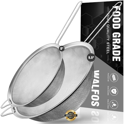 Walfos Large Fine Mesh Strainer 9.35 & 7.8, Stainless Steel Mesh Sieve with Sturdy Handle, Kitchen Metal Food Strainers for Quinoa, Rice, Pasta, Fruits, Vegetables, etc., Set of 2