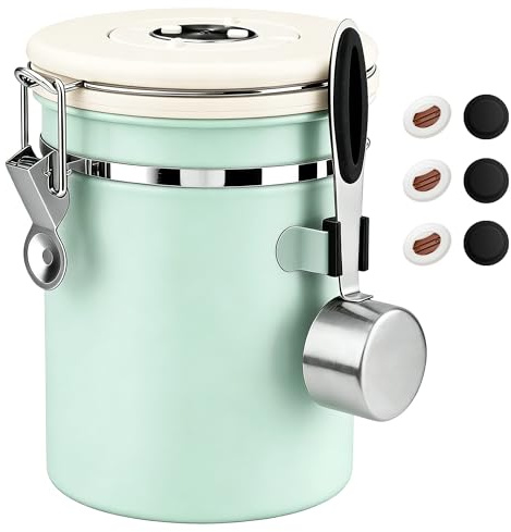 ShanSon Kaffeedose, luftdicht, Edelstahl, Kaffeebohnen-Aufbewahrungsbehälter mit Schaufel, Kaffeedose für Bohnen, gemahlen, Zucker, Mehl, Tee, Müsli, 1800 ml, Grün