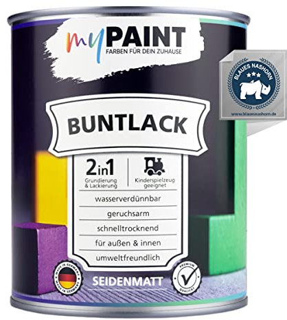 myPaint 2in1 Buntlack Seidenmatt (750ml Silber / Silver) – Wetterfeste Holzfarbe Holzlack Küchenmöbellack. Getrocknet auch für Kinderspielzeug. Schnelltrocknend, Für Innen Außen