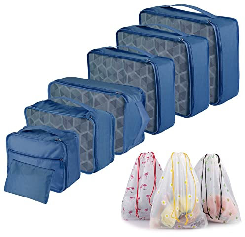 Sciphylia Koffer Organizer 10 Stück Reise Kleidertaschen Packing Cubes Kofferorganizer Packwürfel Set für Reise Packtaschen für Kleidung Verpackungswürfel mit Kosmetiktasche Schuhbeutel, Navy Blau
