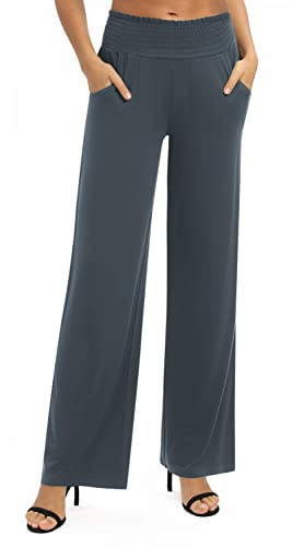 Mujeres Casual Sólido Suelto Anchas Pierna Palazzo Pantalones Elástico Cintura Yoga Pantalones con Bolsillos(L, Gris Pizarra)