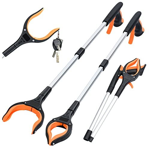 2-Pack Grabber Reacher Tool,32 Inch Extra Long Foldable Pick Up Stick with Strong Grip Magnetic,360°Rotating Anti-Slip Jaw,Trash Claw Grabber Tool,Trash Picker Tool for Outdoor & Indoor (Orange)