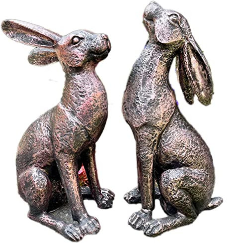 Darthome Bronze Garden Hare Ornaments Set Of 2 Moongazing Alert Resin Animal Sculpture