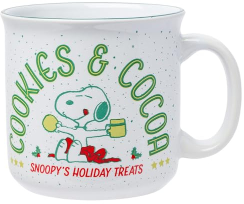 Silver Buffalo Peanuts Christmas Snoopy Cookies And Cocoa Snoopy's Holiday Treats Ceramic Camper Mug, 20 ounces