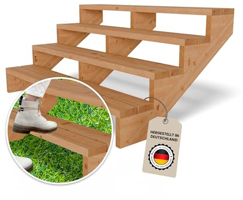 Gartenwelt Riegelsberger Terrassentreppe 4 Stufen Breite 150 cm Höhe 72 cm | Außentreppe aus Lärche natur für Terrasse & Garten | Komplett-Set mit Wangen, Bohlen & Edelstahlschrauben