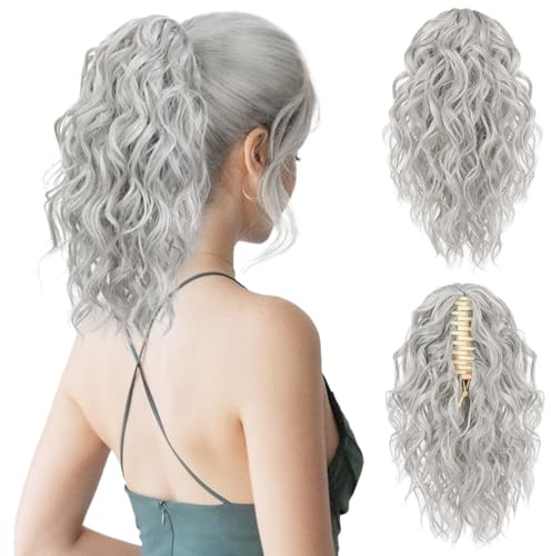 FLUFYMOOZ Ponytail Extension, 31CM kurze Klauen Pferdeschwanz Haarverlängerung, gewellte, lockige Pferdeschwanz mit Kinnclip, synthetische Perücken für Frauen Grau/Silber/Weiß gemischt