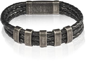 bijuuu Geflochtenes Lederarmband Herren – Echtleder Armband mit Namen – Flechtarmband aus Leder inklusive Gravur – Namensarmband personalisiert aus Rindsleder (1 Ring)