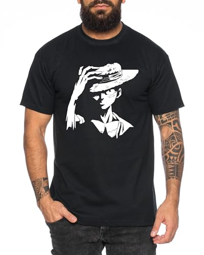 Ruffy Serious - Herren T-Shirt Straw Hat Luffy Zoro One Monkey D. Pirat Ace Piece Goku Anime Ruffy, Größe:L, Farbe:Schwarz