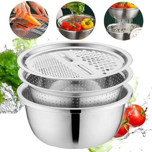 Edelstahl Seiher und Schüsselset Küchensieb Nudelsieb Reis Waschschüssel Salat-Sieb Rührschüssel Set Stapelbar Edelstahl Schüsselset Siebbecken Reibensieb Abflusskorb (26cm)