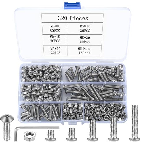 Lot de 320 vis M5 à tête bombée - Écrous à six pans creux avec écrous - Vis filetées à tête ronde - En acier inoxydable