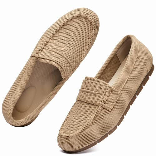 Vespiero Loafers for Women Comfortable Slip on Work Flats Shoes Womens Dressy Casual Walking Shoes Beige Knit Fabric Size 8