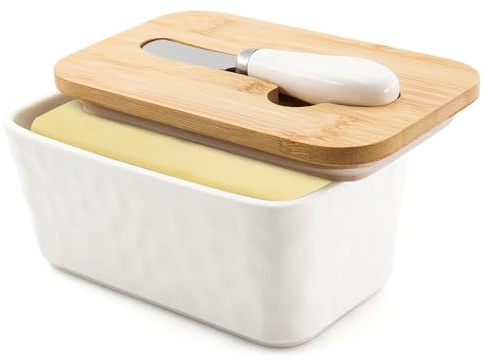 DRAONGYE Große Butterdose mit Deckel, Keramik-Butterbehälter mit Messerhalter und Spachtel Doppelte Silikondichtungen Steinmuster Rechteck (1 Pack/Weiß) with Knife