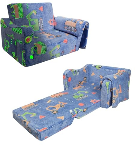 Sofás Plegables para Niños Sillón 2 en 1 con Mantas, Sillón Infantil Cómoda Estable Que Brilla en la Oscuridad, Sofá Cama Asiento para Bebé y Niños para Dormitorio Salón,Vehículos de Ingeniería