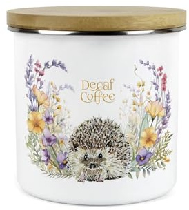 Purely Home Floral Hedgehog Decaf Coffee Storage Canister - Pretty Wildlife & Foliage Homewares Gifts - Large Enamel Hot Drinks Kitchen Storage Container